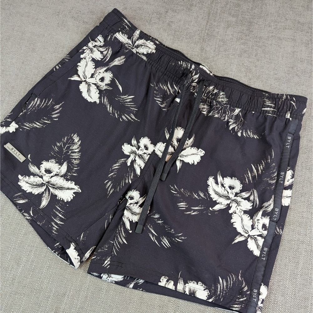 BYLT Swim Trunks Men M Black Baja Ripstop Floral Print Tropical AOP Board Shorts